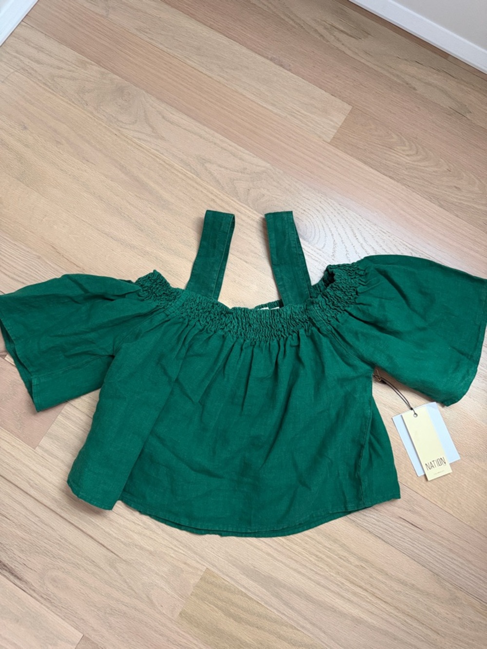 Nation LTD Emerald Green Smocked Off-Shoulder Crop Top